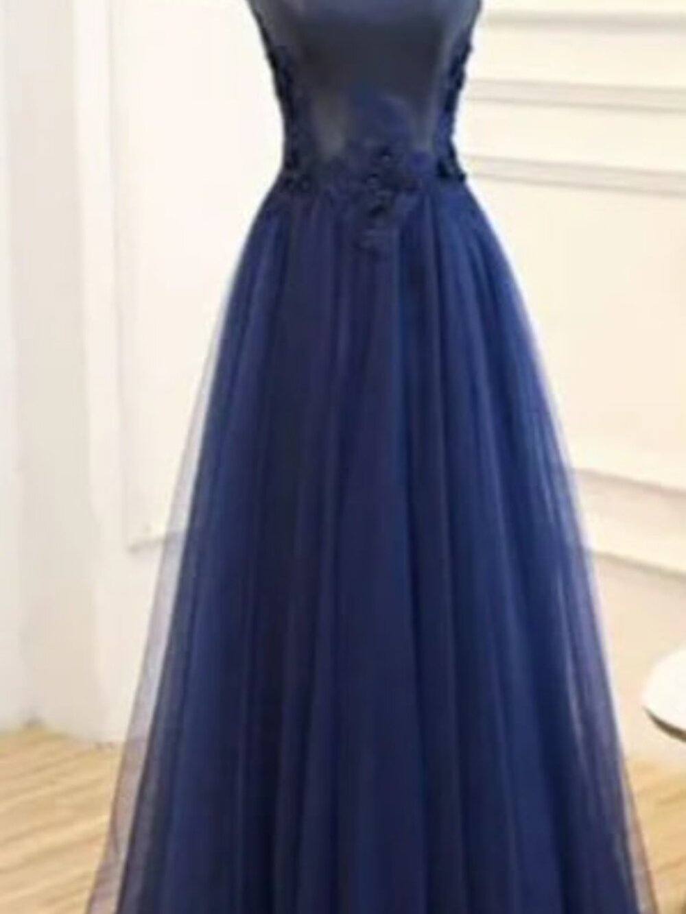 Navy Blue Off-Shoulder Tulle Evening Gown
